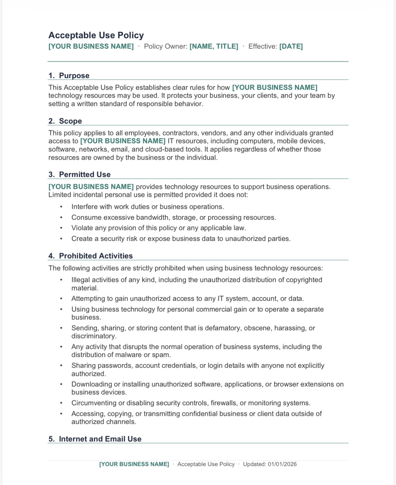 Sample security policy page showing professional layout with teal headers and structured sections